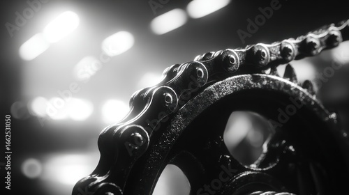 Close-up, black and white shot of a bicycle chain and gears