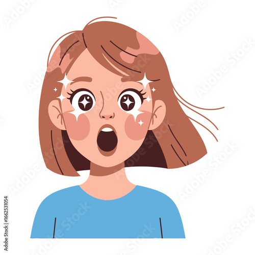 Surprise & Wonder: Captivating illustration of a girl experiencing astonishment and awe. Featuring striking facial expression, the artwork embodies wonder and delight. 