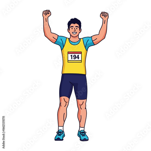Victory in Athletics: An athlete celebrates a triumphant moment, raising arms in a dynamic pose, capturing the spirit of competition and achievement.
