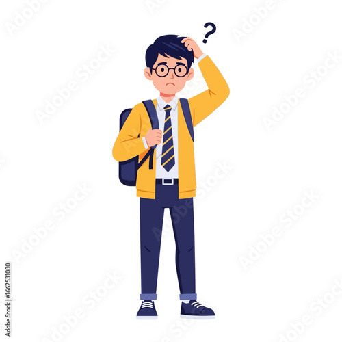 Puzzled Scholar: A young student, head in thought, ponders a question, the very image of contemplation against a backdrop of educational and intellectual pursuit. 