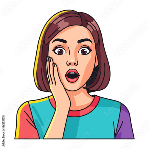 Astonished Expression: A woman with wide, startled eyes and an open mouth expresses a moment of surprise and awe, hand pressed to her cheek, in a vividly-colored, retro-style illustration.