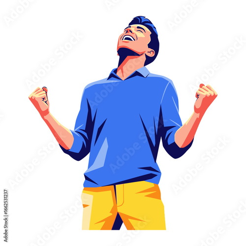 Man's Jubilant Ascent: An exuberant depiction of a man, filled with joy and elation, with arms raised in the air and a beaming smile. The illustration exudes confidence, positivity.