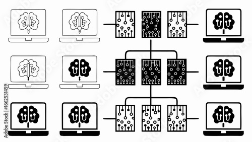 Network of computers displaying brain icons connected through data processing modules in a structured layout silhouette