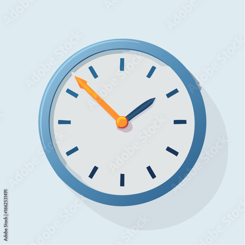 Round Blue Clock With Orange Hands On Light Blue Background