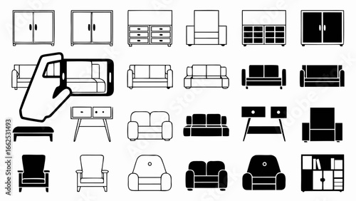 Illustration showing various furniture pieces including sofas chairs cabinets and a hand holding a phone silhouette