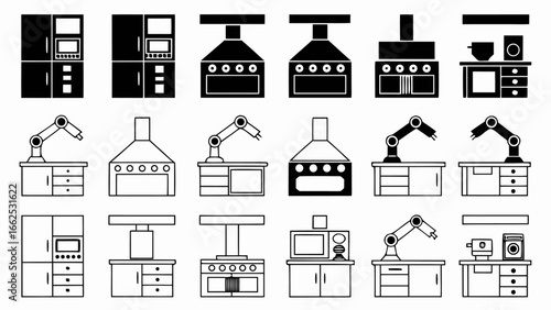 Illustration showing kitchen appliances and robotic arms in black and white outline and solid fill style silhouette