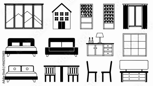 Illustration of various furniture and architectural elements including beds chairs and windows in black and white silhouette
