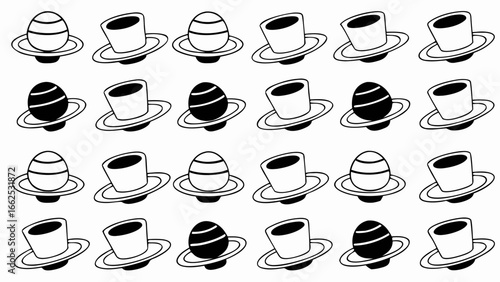 Repeating pattern of stylized planets and top hats in black and white line art illustration style silhouette
