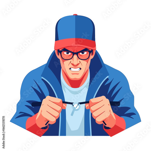 Frustration: An illustrated man intensely grips and bends a cable, embodying the peak of tension, against a clear backdrop.
