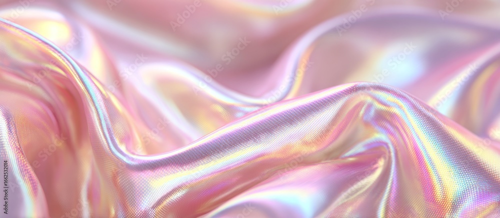 Fototapeta premium Shimmering pink fabric folds with iridescence, soft focus texture background