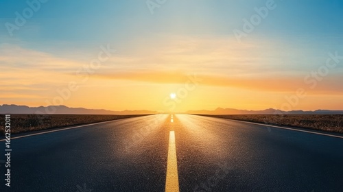 Long road leading to glowing horizon at sunrise.