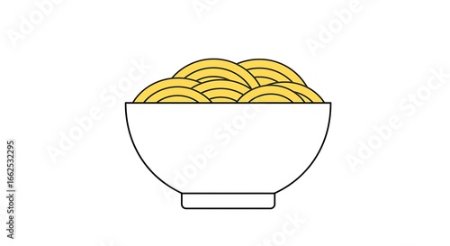 A simple line art illustration of a bowl of yellow noodles, representing a minimalist icon for food and cuisine