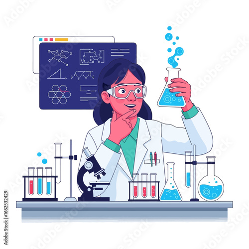 Scientist in the Lab: A female scientist in a lab coat, goggles, and gloves examines a flask in a laboratory setting with microscope, test tubes, and molecular diagrams.