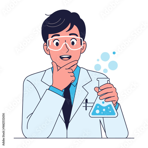 Scientific Discovery: A dedicated scientist, engrossed in a lab coat, examines a flask with inquisitive thought, representing the spirit of scientific exploration and technological advancement.