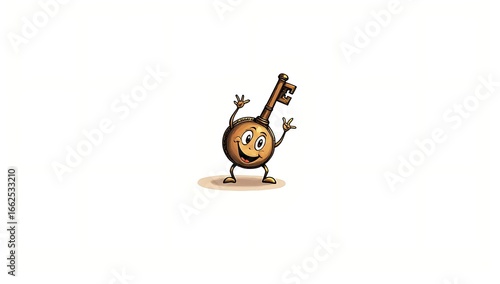 A cartoon antique key with a big-eyed face, small arms and legs, smiling on a plain white background.