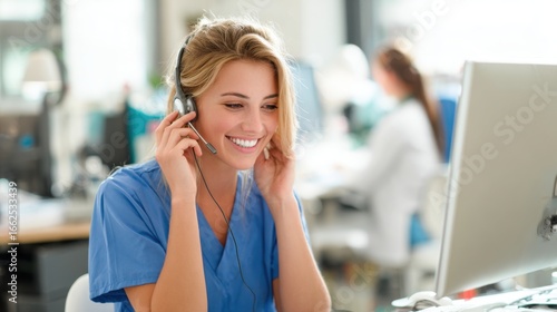 Female Healthcare Worker Wearing Headset at Computer