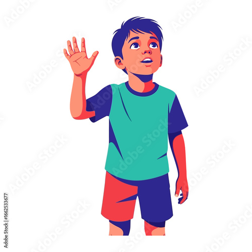 Curious Young Boy: A young boy, with wide eyes and a raised hand, gazes upwards, as if captivated by something unseen, expressing pure curiosity and wonder. 