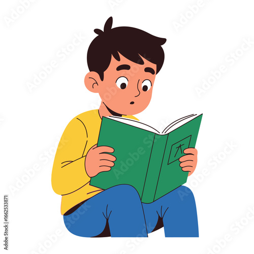 Enthralled Reader: A young boy, captivated by the tale within the open pages of a book, absorbed in the imaginative world. Capturing the innocence, joy, and love of reading