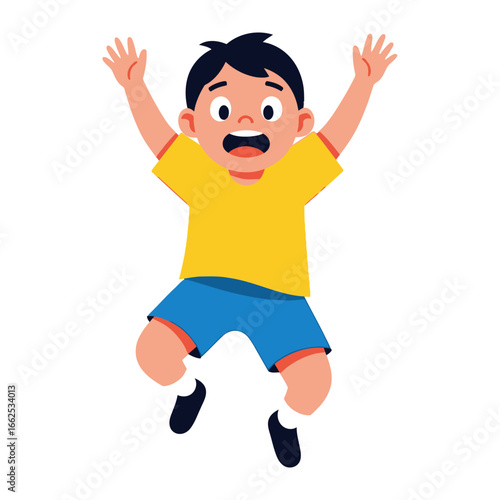 Joyful Leap: An illustration of a young boy, radiating pure elation as he leaps into the air, arms outstretched in a vibrant display of happiness.