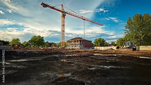 Wallpaper Mural Construction site with a crane and machinery, reflecting clouds in puddles, showcasing urban development Torontodigital.ca