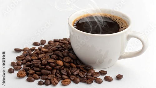 A close-up shot of a dark, roasted coffee bean with a hot, aromatic espresso drink in a white mug
