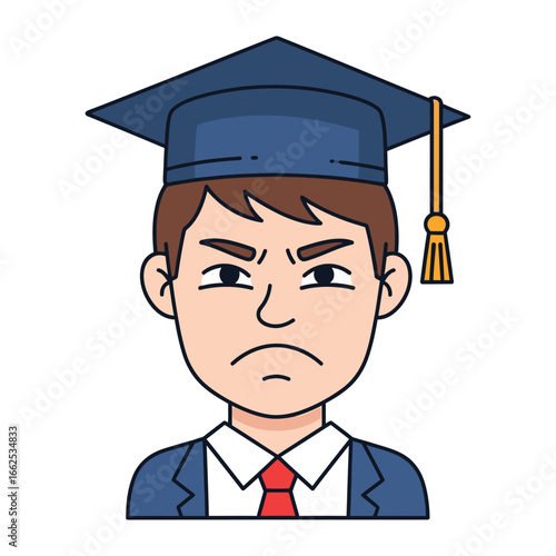 Frustrated Student's Dismay: A young scholar in a graduation cap wears a disgruntled expression, capturing the mixed emotions, perhaps due to studies, of a moment in higher education.