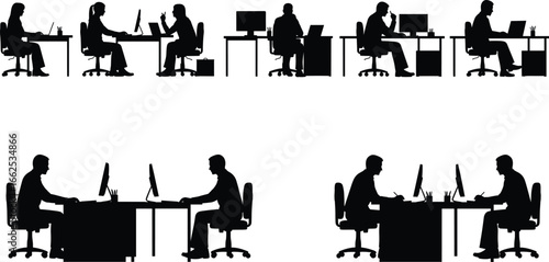 Office workers at desks, silhouettes of employees working on computers, modern workplace environment, corporate office concept, teamwork and productivity, professional business workspace
