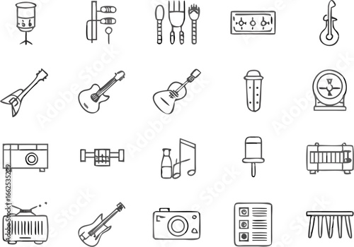 Collection of assorted musical instruments, electronics, and household items in doodle style outline art