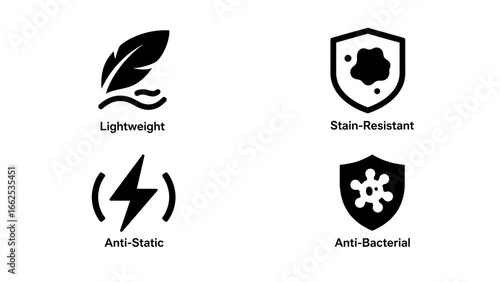 The black icon contains symbols such as lightweight and stain resistant, representing material properties, and is used to illustrate scenarios for clothing and home textile products.