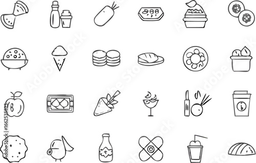 Collection of various food and drink items represented as simple line drawings in a grid arrangement