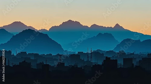 Wallpaper Mural Serene cityscape at dawn with layered mountains in the background and urban silhouettes Torontodigital.ca