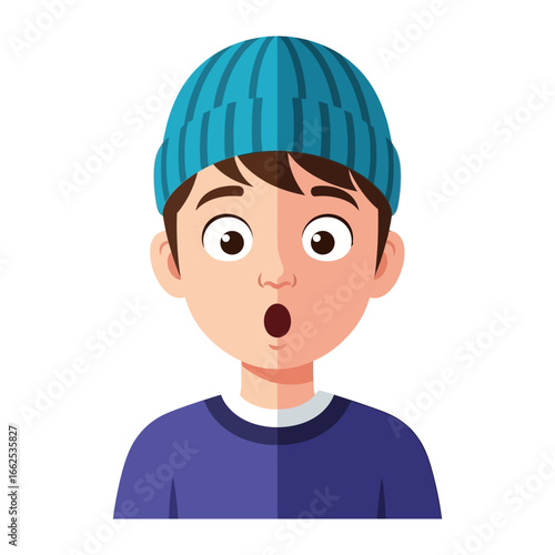 Surprised Boy: An illustration of a boy with a light skin tone wearing a blue beanie.