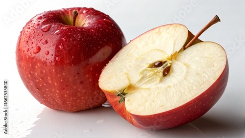 A ripe, juicy red apple with fresh water drops on a white background