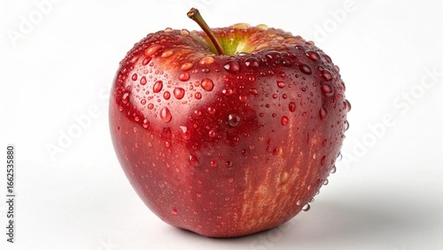 A vibrant, fresh red apple with water droplets isolated on a white background
