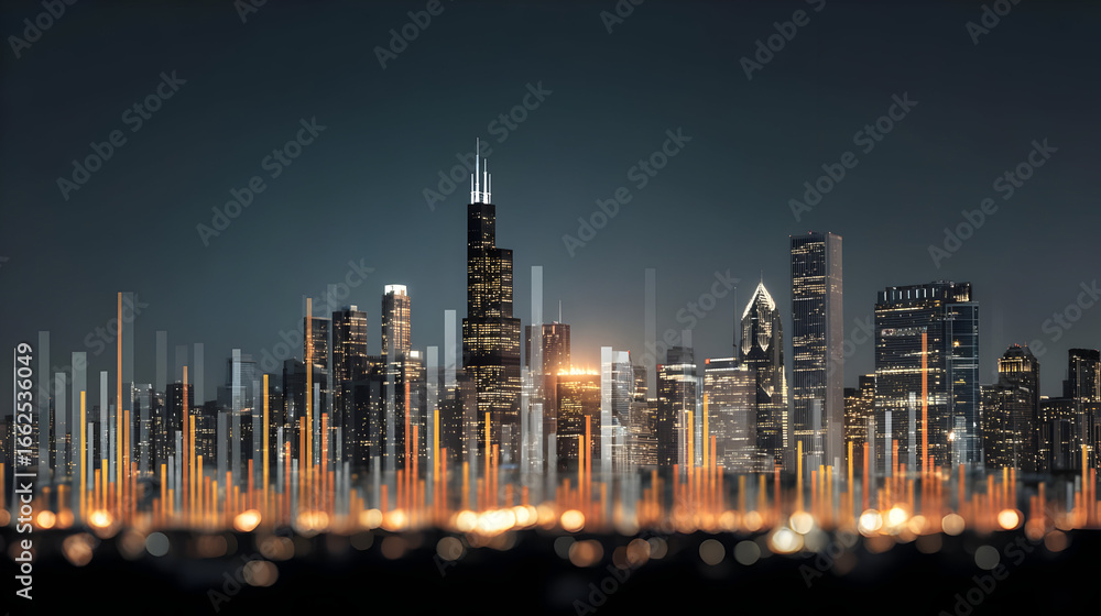 Fototapeta premium Night City Skyline with Glowing Data Lines