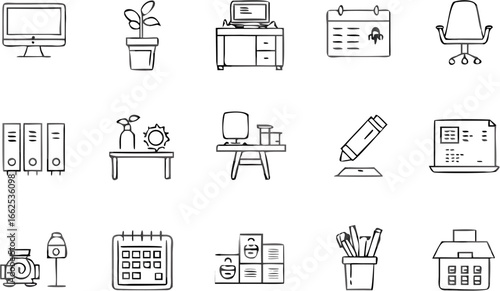 Illustration of office elements including desk, computer, plant, calendar, and office supplies icons