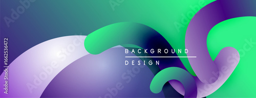 Abstract fluid shapes, vibrant gradients. Modern design elements create dynamic visual experience. Purple, green hues dominate composition.