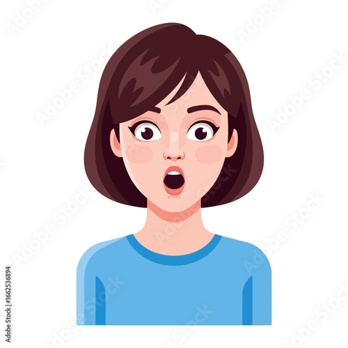 Startled Expression: A portrait of a woman with a surprised expression, perfect for conveying shock and astonishment. Her eyes wide with surprise.