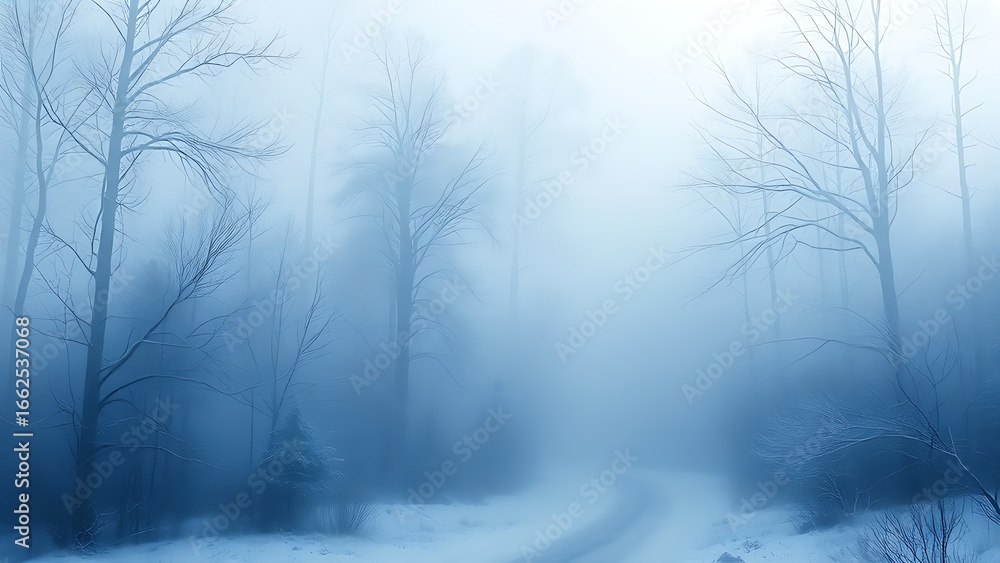 Naklejka premium A serene winter forest landscape with misty blue tones, evoking a peaceful and dreamy atmosphere.