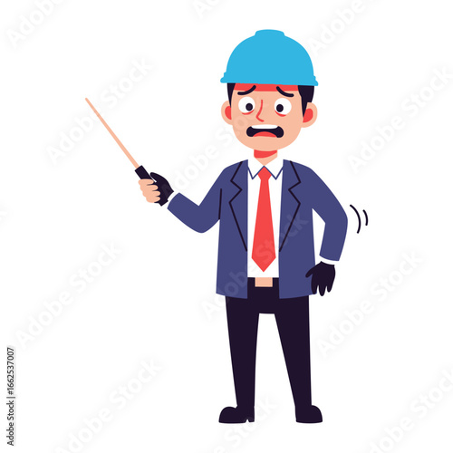 Anxious Constructor: Anxious constructor with a serious expression holding a stick in an animated illustration, expressing his worry and fear.