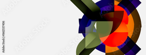 Abstract colorful shapes overlap, creating dynamic composition. Vivid hues blend, forming modern visual experience.