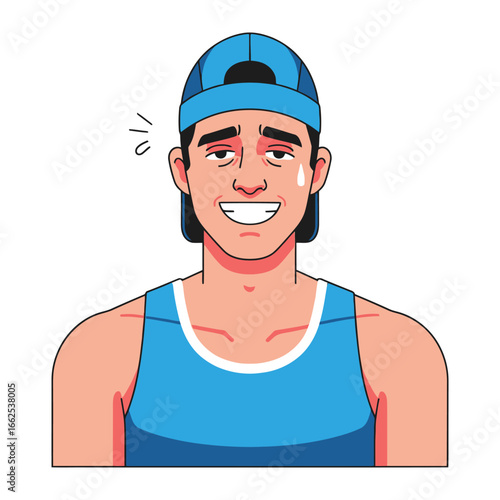 Tired Smile: An illustration of an athletic man wearing a cap and singlet with sweat beads, depicting exhaustion, effort and pride.