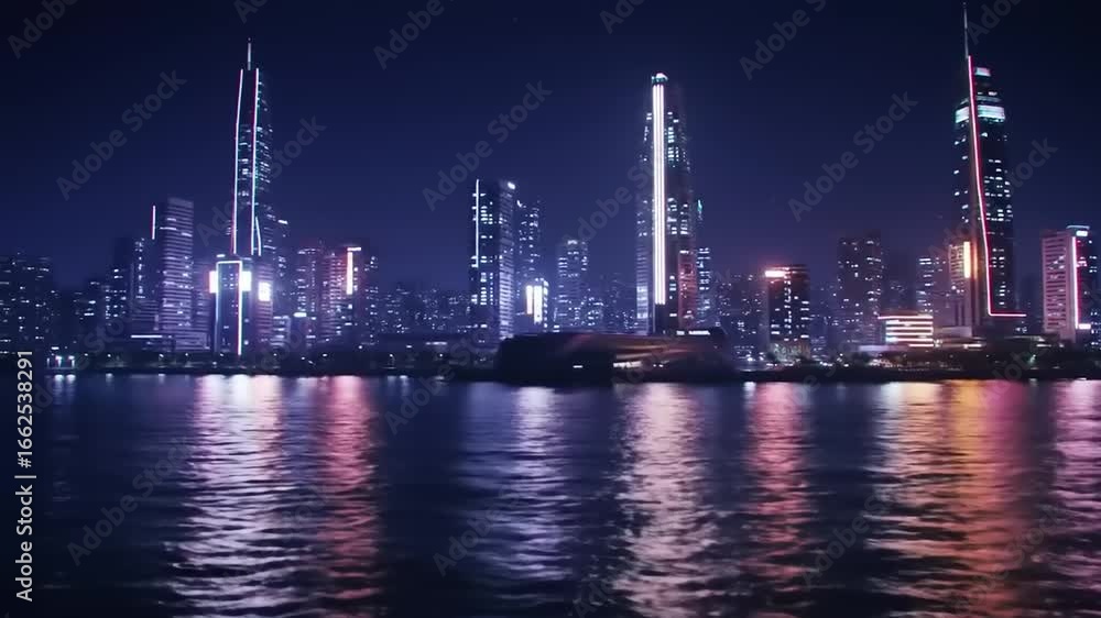 Nighttime cityscape with illuminated skyscrapers reflecting on the water, showcasing urban life Nighttime cityscape with illuminated skyscrapers reflecting on the water, showcasing urban life