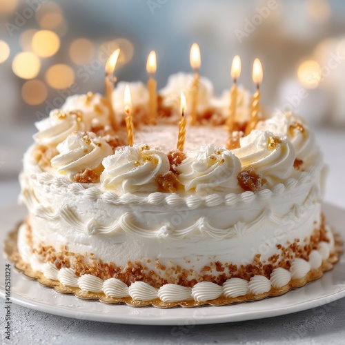 Delicious Creamy Birthday Cake with Candles and Festive Background