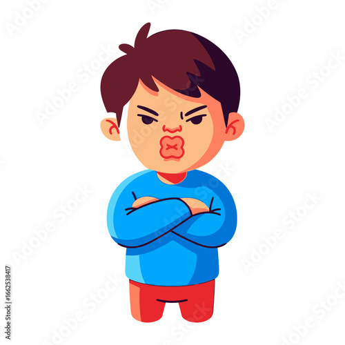 Animated Child Expressing Displeasure: A cute cartoon character boy with arms crossed, captures the essence of irritation and displeasure in this colorful and cheerful illustration. 