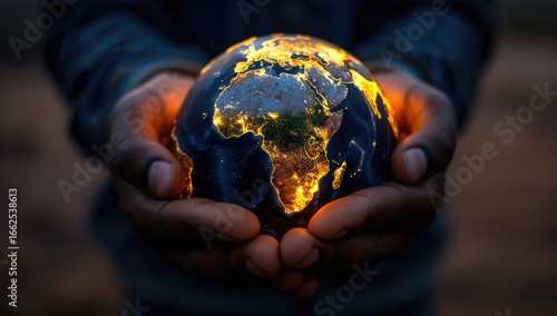 Earth globe held gently in dark hands