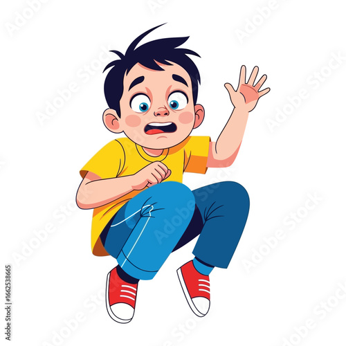 Expressing fear and surprise: A young boy's face reflects shock and anxiety as he raises his hand in a cartoon-like illustration. A visual representation of fear. 