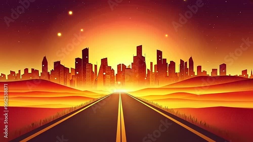 Wallpaper Mural Vibrant sunset over a city skyline with a long road leading into the horizon, creating a serene atmosphere Torontodigital.ca