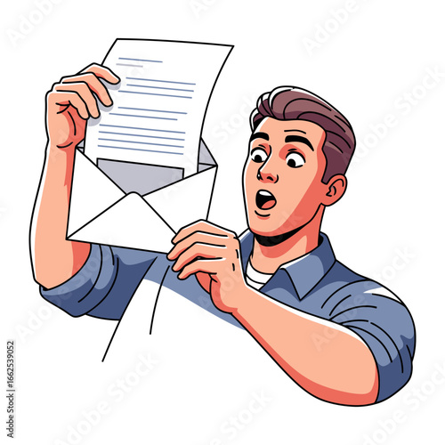 Surprised Letter Recipient: A man is captivated by the contents of an opened envelope, his face etched with expressions of surprise and wonder.