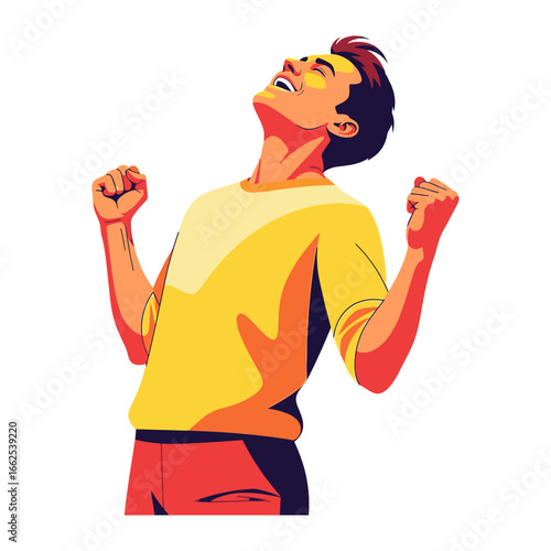 Triumphant Celebration: A Vector illustration of a man celebrates with his arms raised, head tilted back in joy, conveying triumph and elation. 